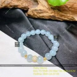 Vòng ngọc Cẩm thạch lam nếp băng 8 ly, mix bi vàng 18k - Hình ảnh 5