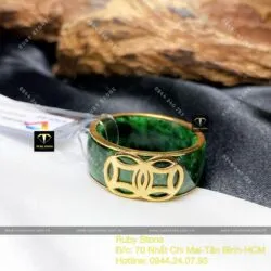 Nhẫn ngọc Cẩm thạch sơn thủy bọc kim tiền, vàng 18k (mẫu bọc ít vàng)