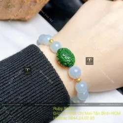 Vòng ngọc Cẩm thạch lam nếp băng 8 ly, mix lu thống Phỉ thúy, bi vàng 18k - Ảnh 4