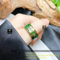 Nhẫn ngọc Cẩm thạch sơn thủy bọc kim tiền, vàng 18k (mẫu bọc ít vàng) - Hình ảnh 8