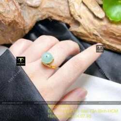 Nhẫn trái châu 10 ly ngọc Cẩm thạch lý táo, vàng 18k - Hình ảnh 2