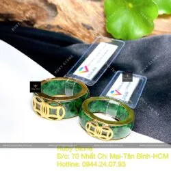 Nhẫn cặp ngọc Cẩm thạch kim tiền, vàng 18k - Hình ảnh 2