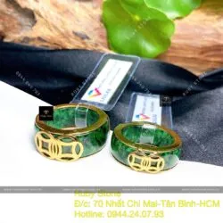 Nhẫn cặp ngọc Cẩm thạch kim tiền, vàng 18k