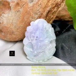 Phật Quán Thế Âm Bồ Tát ngọc Cẩm thạch tử la lan, cưỡi Cá chép hóa Rồng, KT 46mm