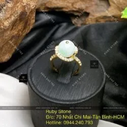 Nhẫn trái châu ngọc Cẩm thạch xanh lý, vàng 18k - Hình ảnh 3