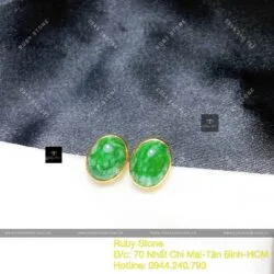 Khuyên tai oval ngọc Cẩm thạch xanh lý, vàng 18k - Hình ảnh 4