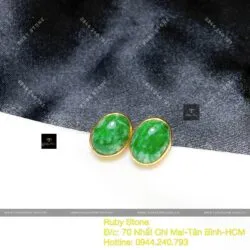 Khuyên tai oval ngọc Cẩm thạch xanh lý, vàng 18k