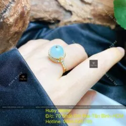 Nhẫn trái châu ngọc Cẩm thạch xanh lý, vàng 18k