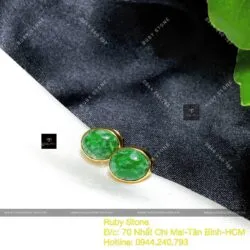Khuyên tai oval ngọc Cẩm thạch xanh lý, vàng 18k - Hình ảnh 3