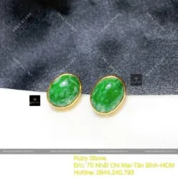 Khuyên tai oval ngọc Cẩm thạch xanh lý, vàng 18k - Hình ảnh 6