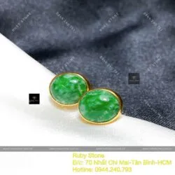 Khuyên tai oval ngọc Cẩm thạch xanh lý, vàng 18k - Hình ảnh 5