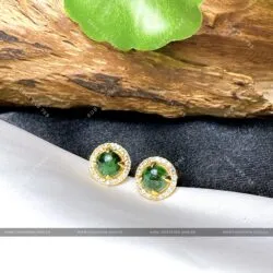 Khuyên tai ngọc Cẩm thạch sơn thuỷ, vàng 18k