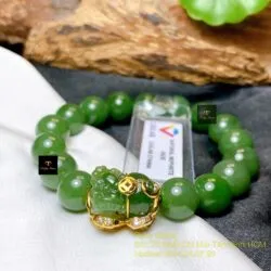 Vòng chuỗi Ngọc bích xanh lá 10 ly, mix Tỳ hưu bọc vàng 18k