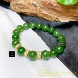 Vòng chuỗi ngọc bích Canada 10 ly xanh lá mix charm vàng 18k - Ảnh 7