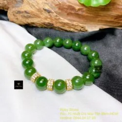 Vòng chuỗi ngọc bích Canada 10 ly xanh lá mix charm vàng 18k - Ảnh 5