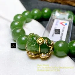 Vòng chuỗi Ngọc bích xanh lá 10 ly, mix Tỳ hưu bọc vàng 18k - Ảnh 2
