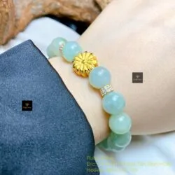 Vòng chuỗi Cẩm thạch xanh lơ 10 ly, mix charm vàng 24k