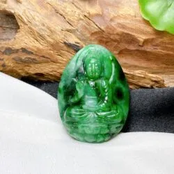Phật A Di Đà ngọc cẩm thạch sơn thuỷ chạm tay, KT 38mm - Hình ảnh 3