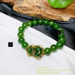 Vòng chuỗi Ngọc bích Canada xanh lý 10 ly, mix tỳ hưu bọc vàng 18k