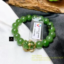 Vòng chuỗi Ngọc bích xanh lá 10 ly, mix Tỳ hưu bọc vàng 18k - Ảnh 6