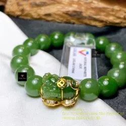 Vòng chuỗi Ngọc bích xanh lá 10 ly, mix Tỳ hưu bọc vàng 18k - Ảnh 4