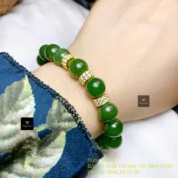 Vòng chuỗi ngọc bích Canada 10 ly xanh lá mix charm vàng 18k - Ảnh 4