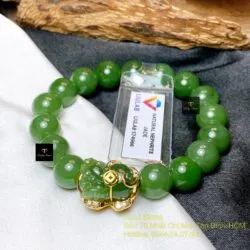 Vòng chuỗi Ngọc bích xanh lá 10 ly, mix Tỳ hưu bọc vàng 18k - Ảnh 5