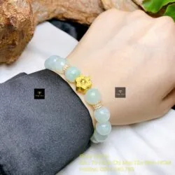 Chuỗi ngọc Cẩm thạch nếp băng xanh lơ 10 ly, charm vàng 24k - Hình ảnh 5
