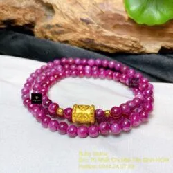 Vòng chuỗi Ruby Nam Phi 6 ly, cuốn ba vòng tay mix charm vàng 24k