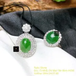 Mặt dây Phỉ thuý xanh táo, vàng trắng 18k (ko bọc đáy) - Ảnh 6