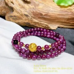Vòng chuỗi Ruby Nam Phi 6 ly, cuốn ba vòng tay mix charm vàng 24k