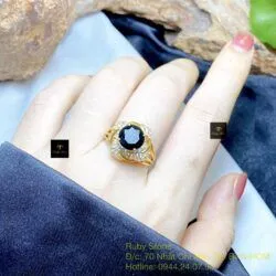 Nhẫn nữ Phỉ thuý mực dục Myanmar mài giác, vàng 18k