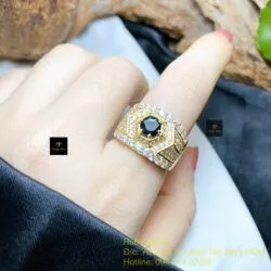 Nhẫn nam Phỉ thuý mực dục Myanmar mài giác 6 ly, vàng 18k