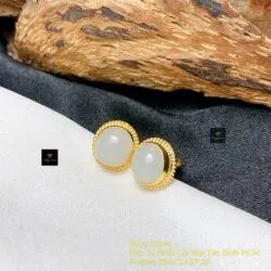 Khuyên tai ngọc bích Nga mỡ cừu, vàng 18k - Ảnh 3