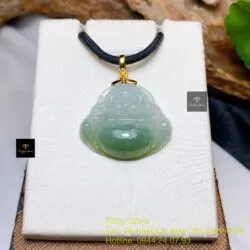 Mặt dây Di lặc ngọc Phỉ thuý phù dung, móc vàng 18k - Hình ảnh 2