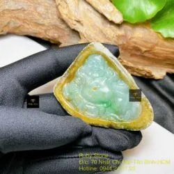 Phật Di Lặc ngọc Cẩm thạch Myanmar xanh vàng - Ảnh 3