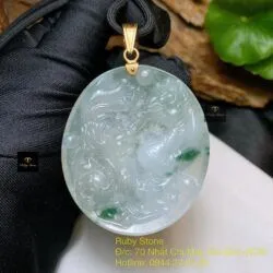 Mặt dây Long Phụng ngọc Phỉ thuý băng chủng hoa bay, móc vàng 18k - Ảnh 4