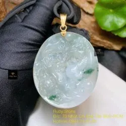 Mặt dây Long Phụng ngọc Phỉ thuý băng chủng hoa bay, móc vàng 18k - Ảnh 6