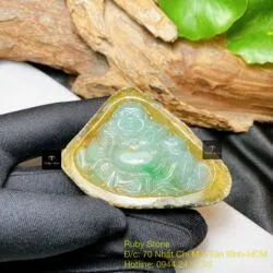 Phật Di Lặc ngọc Cẩm thạch Myanmar xanh vàng - Ảnh 2