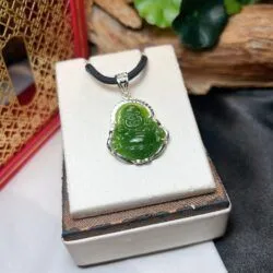 Mặt dây Phật Di Lặc ngọc bích Canada bọc bạc - Ảnh 3