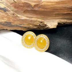 Khuyên tai ngọc Phỉ thuý hoàng phỉ Myanmar, vàng 18k - Hình ảnh 3