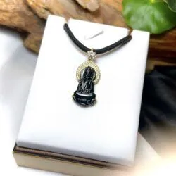 Phật quán thế âm bồ tát ngọc Phỉ thuý mực dục Myanmar, vàng 18k - Hình ảnh 4