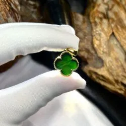 Mặt dây cỏ 4 lá ngọc Phỉ thúy mực dục Myanmar, vàng 18k - Hình ảnh 5