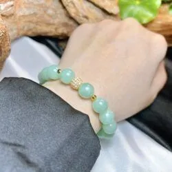 Vòng chuỗi ngọc Cẩm thạch xanh nhạt Myanmar, bi vàng 18k - Ảnh 4
