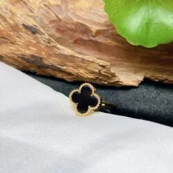 Nhẫn cỏ 4 lá ngọc Phỉ thúy mực dục Myanmar, vàng 18k - Hình ảnh 5