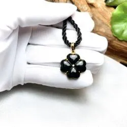 Mặt dây cỏ 4 lá ngọc Phỉ thúy mực dục Myanmar, vàng 18k - Hình ảnh 8