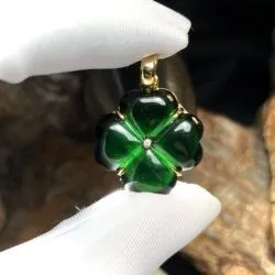 Mặt dây cỏ 4 lá ngọc Phỉ thúy mực dục Myanmar, vàng 18k - Hình ảnh 7