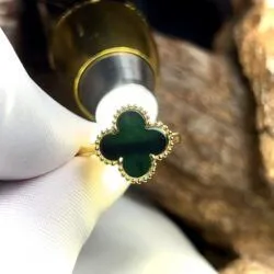 Nhẫn cỏ 4 lá ngọc Phỉ thúy mực dục Myanmar, vàng 18k - Hình ảnh 9