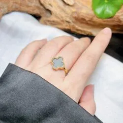 Nhẫn cỏ 4 lá ngọc Phỉ thúy mực dục Myanmar, vàng 18k - Hình ảnh 7