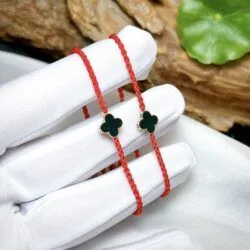 Vòng tay cỏ 4 lá ngọc Phỉ thúy mực dục Myanmar, vàng hồng 18k - Hình ảnh 8